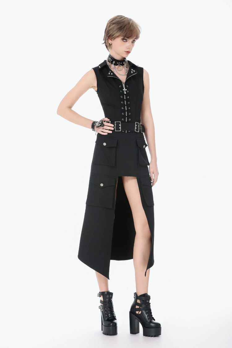 Black Lapel Collar Sleeveless Lace-Up Studded Zippered Eyelet Women's Punk Vest - Product - 8