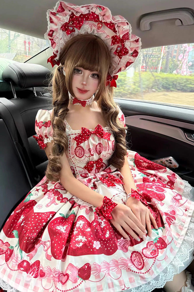 [Dream to Strawberry] Print Short Sleeves Ruffle Bowknot Lace Sweet Lolita OP Dress 4 Colors - Product - 4