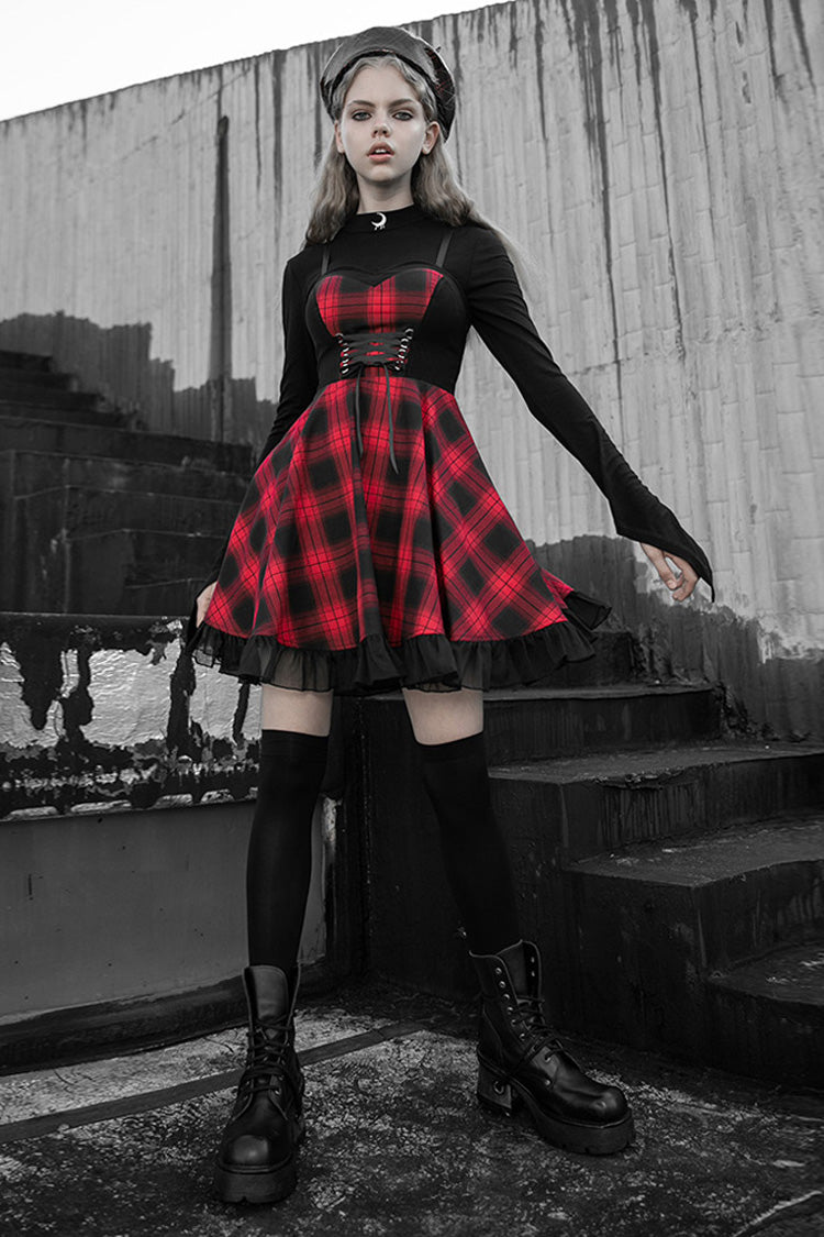 Lattice Plaid Stitching Binding Women's Steam Punk Strap Dress - Product - 5