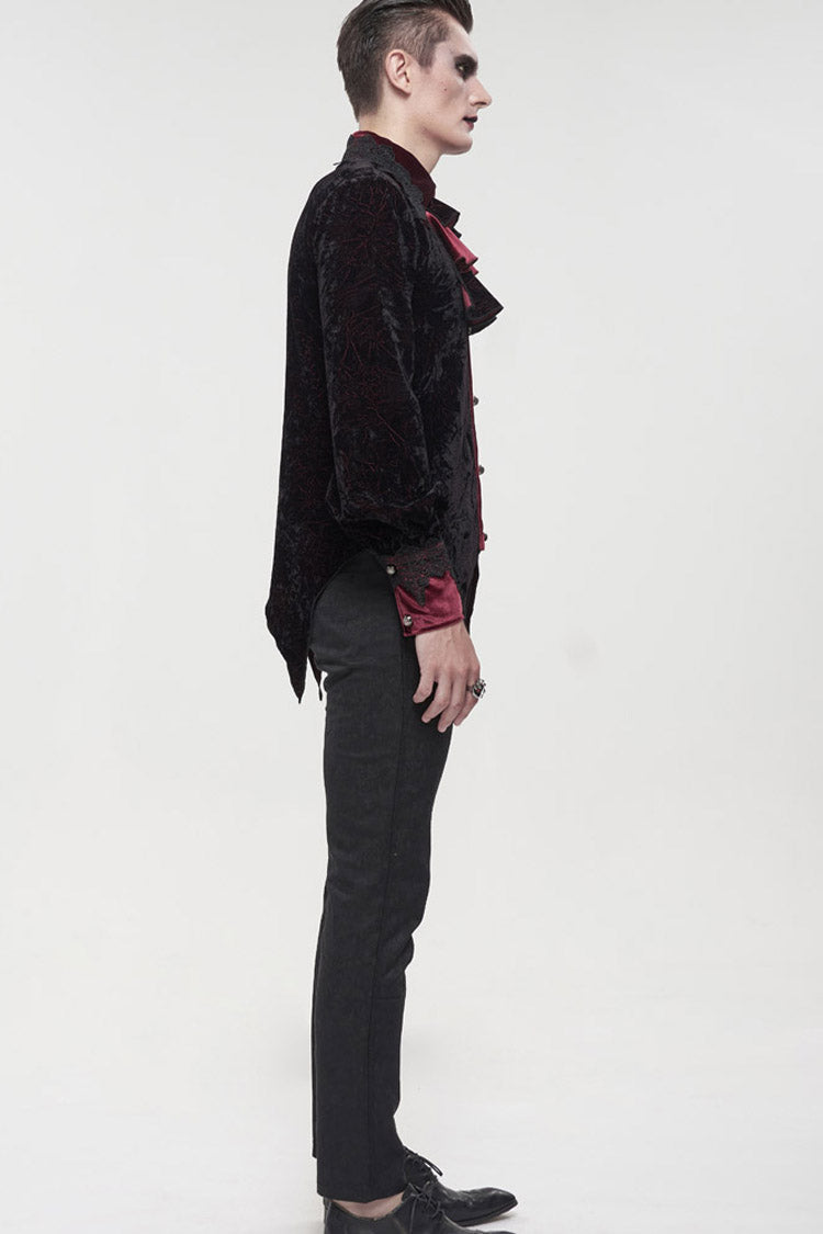 Black/Red Gothic Lace Stand Collar Ruffle Lantern Sleeves Velvet Crack Men's Shirt - Product - 8
