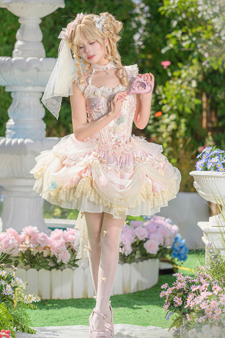 Pink [Dream Garden] Ruffle Hanayome Embroidery Bowknot Lace Fishbone Sweet Princess Gorgeous Lolita Jsk Dress - Product - 8