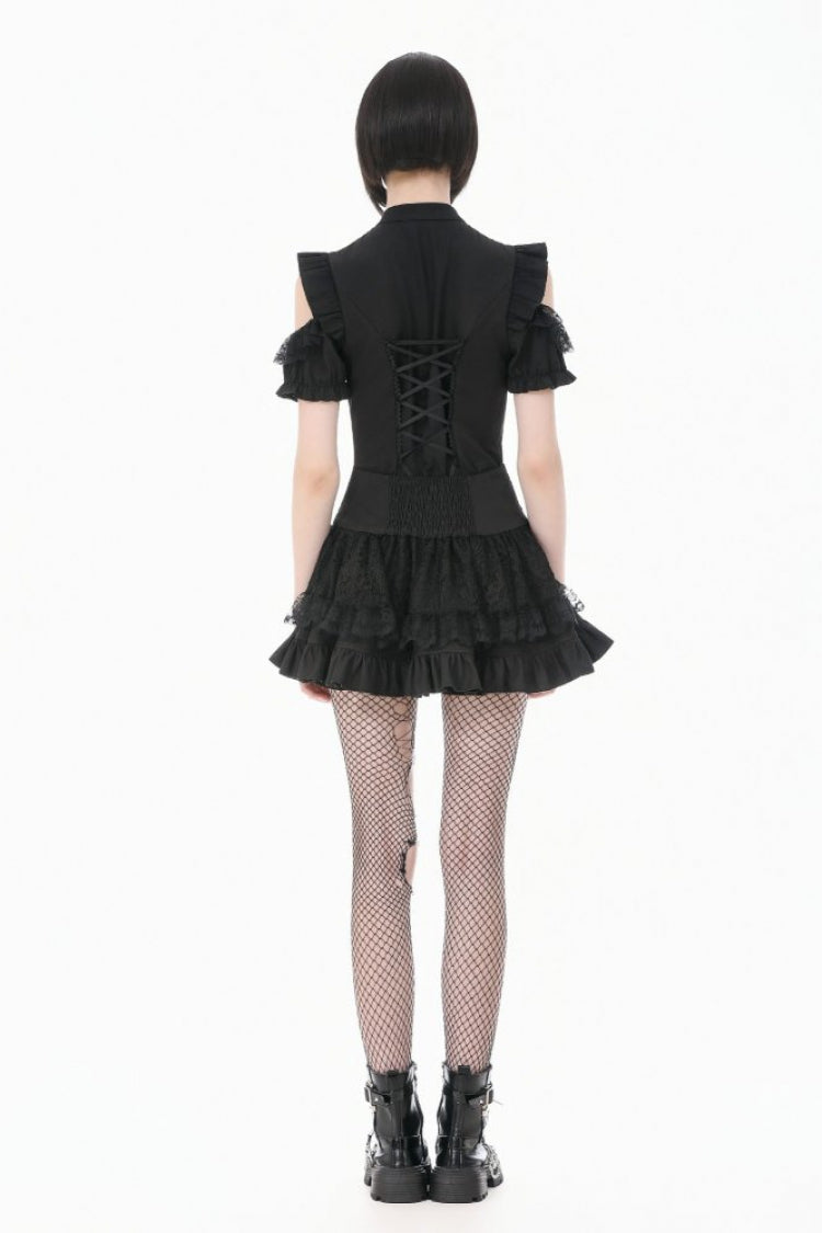 Black Mandarin Collar Cold‑Shoulder Puff Sleeves Ruffled Cut-Out Lace-Up Women's Gothic Blouse - Product - 4