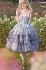 Multi-Color Three-layer Swan Lake Print Oil Painting Ruffle Bowknot Sweet Lolita Jsk Dress - Product - 7