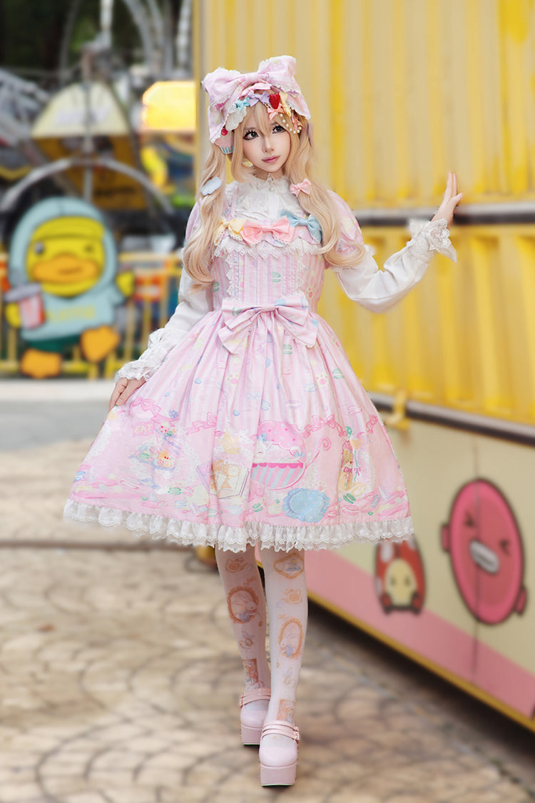 [Macaron Dolly House] Doll Collar Short Sleeves Print Bowknot Sweet Lolita Dress 3 Colors - Product - 6