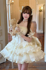 Apricot [Princess Ribbon] Off Shoulder Triple-Layered Ruffle Bowknot Sweet Lolita Dress - Apricot - 1