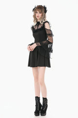 Black Cut-Out Multi-Layered Ruffled Long Trumpet Sleeves Sheer Mesh Splice Lace Lace-Up Women's Gothic Dress - Product - 9