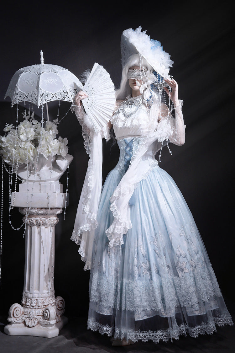 Blue [Snow Lily] Print Ruffle Hanayome Embroidery Bowknot Lace-Up Sweet Elegant Princess Lolita Skirt Set - Product - 9