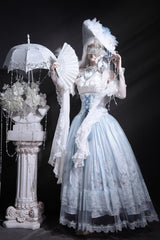 Blue [Snow Lily] Print Ruffle Hanayome Embroidery Bowknot Lace-Up Sweet Elegant Princess Lolita Skirt Set - Product - 9