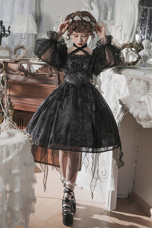 Black Ruffled Strap Mesh Lantern Sleeves High Waisted Irregular Hem Gothic Lolita OP Dress - Product - 4