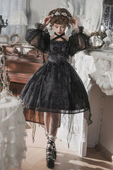 Black Ruffled Strap Mesh Lantern Sleeves High Waisted Irregular Hem Gothic Lolita OP Dress - Product - 4