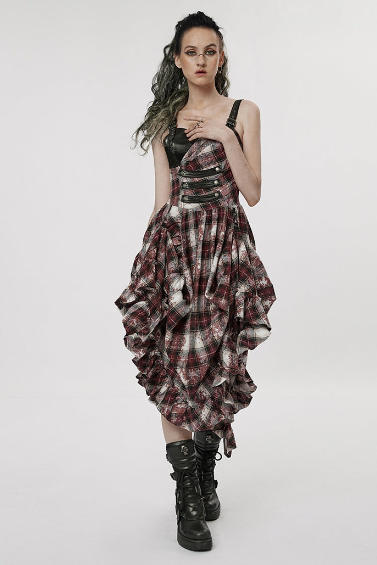Black/Red Leather Shoulder Strap Plaid Print Ruffle Stitching Irregular Women's Steampunk Dress - Product - 4