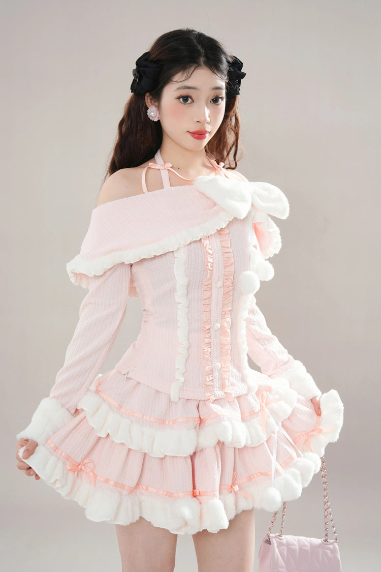 Pink Long Sleeves Ruffle Bowknot Lace Sweet Princess Lolita Tiered Top Skirt Set - Product - 3