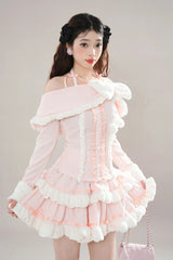 Pink Long Sleeves Ruffle Bowknot Lace Sweet Princess Lolita Tiered Top Skirt Set - Product - 3