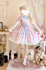 [Sweetheart Bunny Bear] Lapel Collar Long Sleeves Print Ruffle Bowknot Sweet Lolita Dress 3 Colors - Product - 2