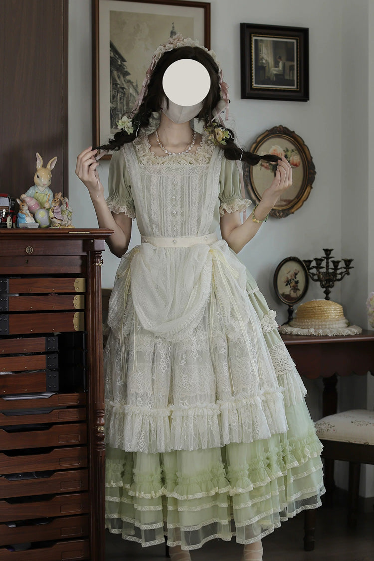 Muscat Green [Vintage Ball 3.0] Square Collar Short Sleeves Lace Pearl Detail Sweet Lolita Dress - Product - 12