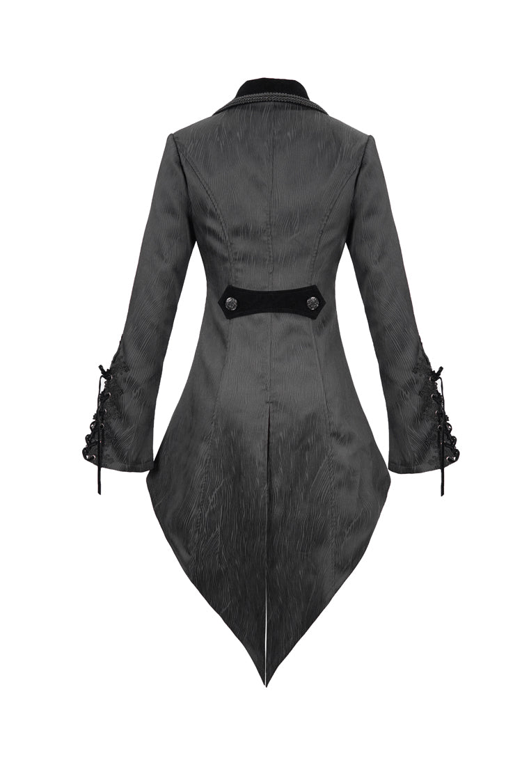 Black Front Decals Metal Button Lace-Up Cuff Dovetail Hem Striped Jacquard Women's Gothic Coat - Product - 10
