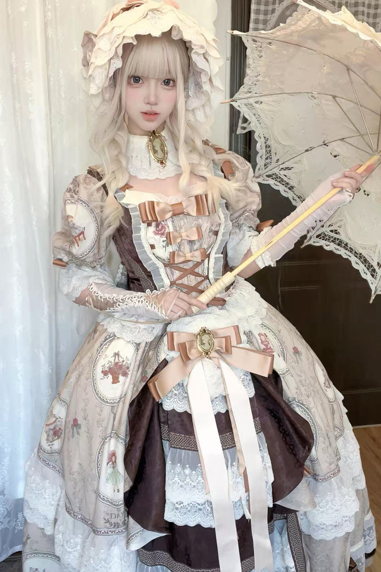 Brown [Baker Street Tea Party] Short Sleeves High Waisted Print Ruffle Embroidery Cardigan Bowknot Lace-Up Classic Vintage Princess Lolita Dress - Product - 5