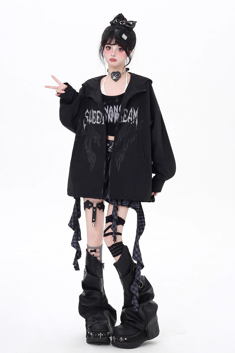 Black Long Sleeves Print Zipper Gothic Loose Jirai Kei Coat - Product - 7