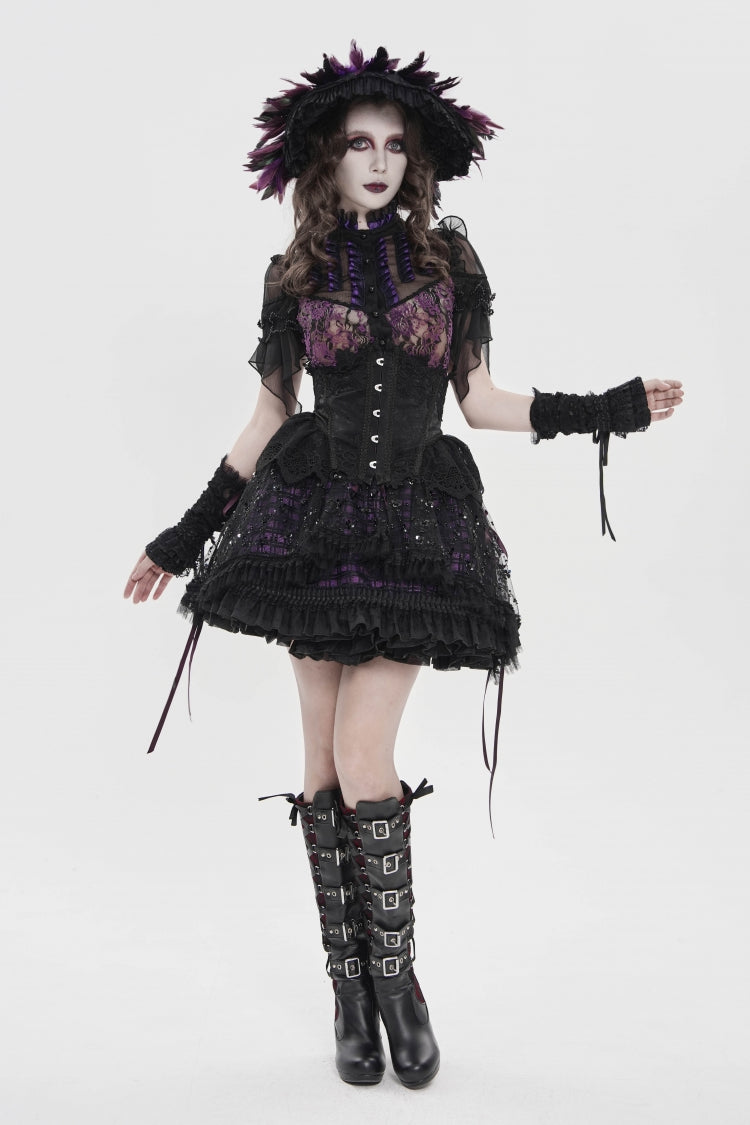 Black/Purple Multi-Layered Lace Lace-Up Women's Gothic Skirt - Black/Purple - 1