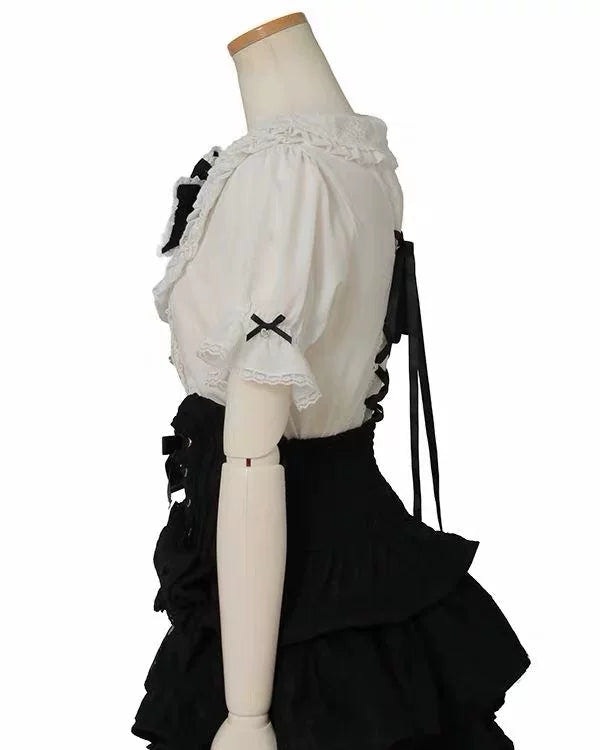 Sweet Short Sleeves Jacquard Ruffled Bow Lolita Blouse 3 Colors - Product - 2