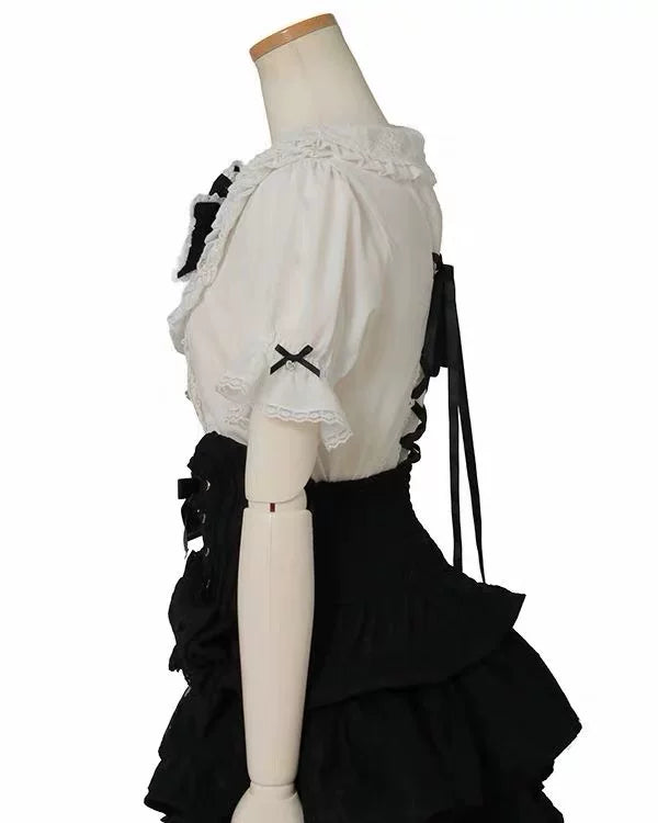 Sweet Short Sleeves Jacquard Ruffled Bow Lolita Blouse 3 Colors - Product - 2