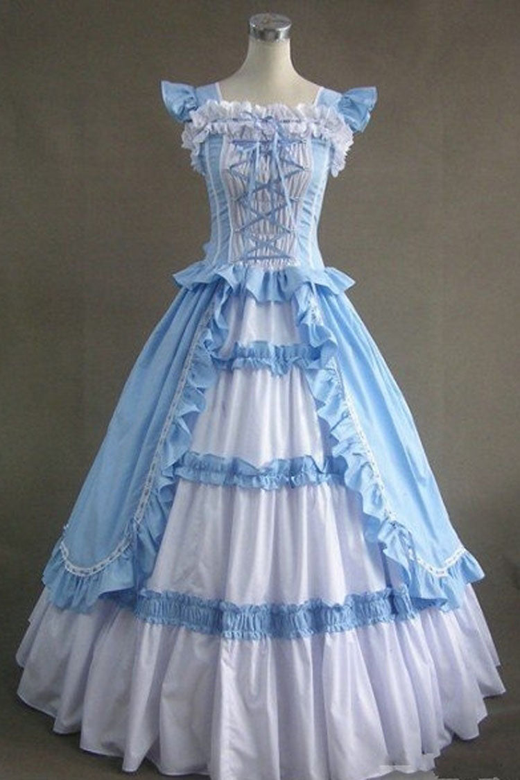 Blue Cotton Square Collar Cap Sleeves Floor Length Ruffled Multi-Layer Pleats Victorian Classic Lolita Dress - Blue - 1