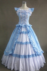 Blue Cotton Square Collar Cap Sleeves Floor Length Ruffled Multi-Layer Pleats Victorian Classic Lolita Dress - Blue - 1