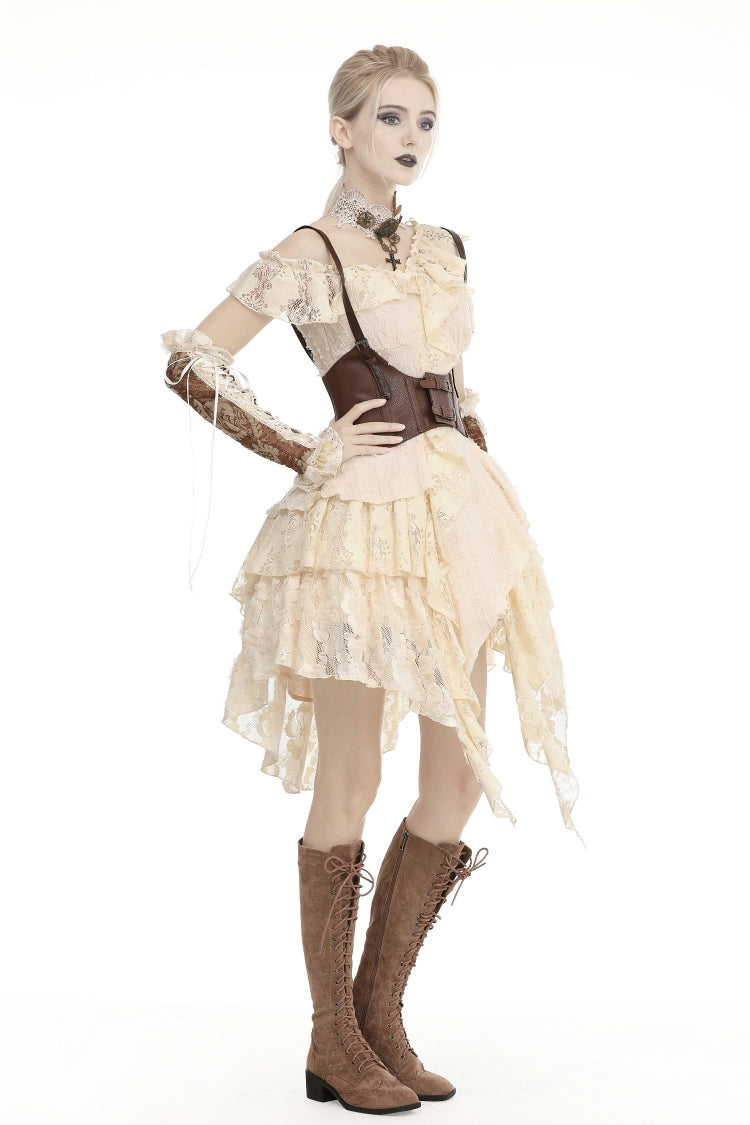 Beige Irregular Multi-Layered Ruffled Lace Women's Steampunk Vintage Dress - Product - 12