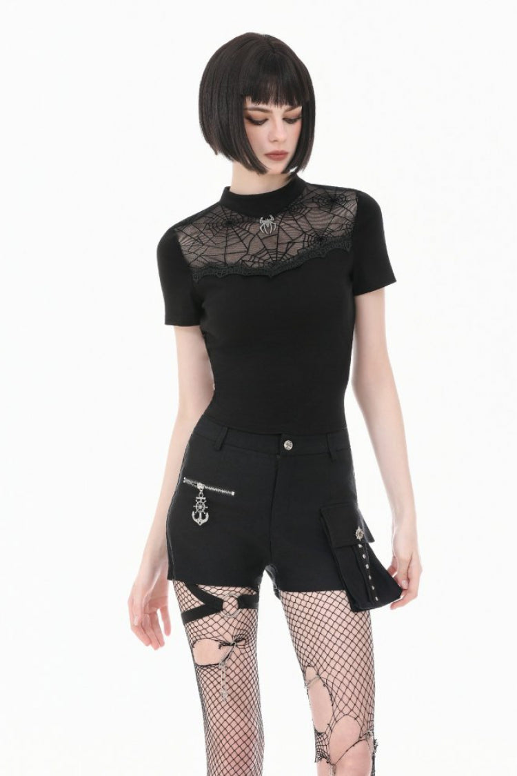 Black Short Sleeves Cut-Out Spider Cobweb Sheer Mesh Women's Gothic Top - Product - 5
