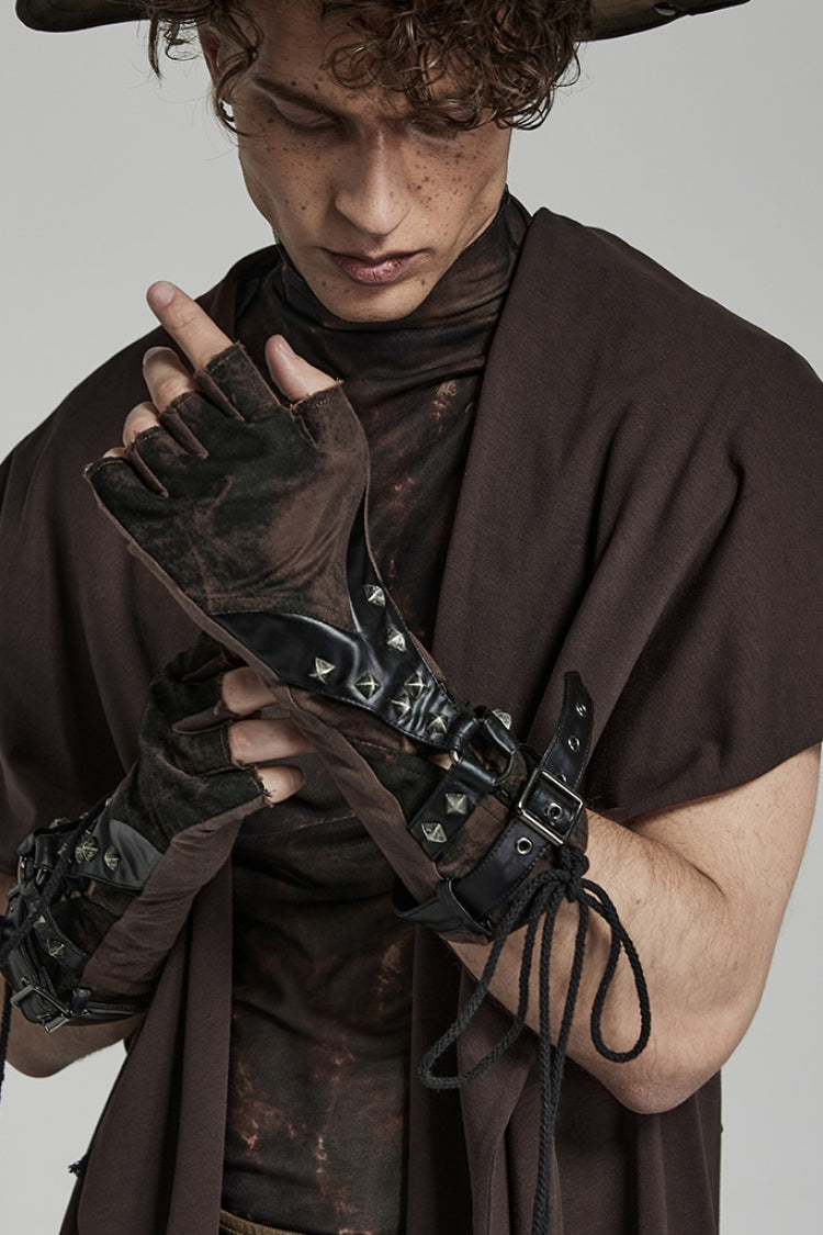 Rivets Print Lace-Up Men's Steampunk Gloves 2 Colors - Black/Brown - 10