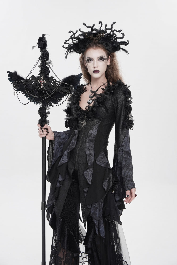 Black V Collar Long Trumpet Sleeves Printed Slim Women's Gothic Rose Feather Gorgeous Blouse - Product - 10