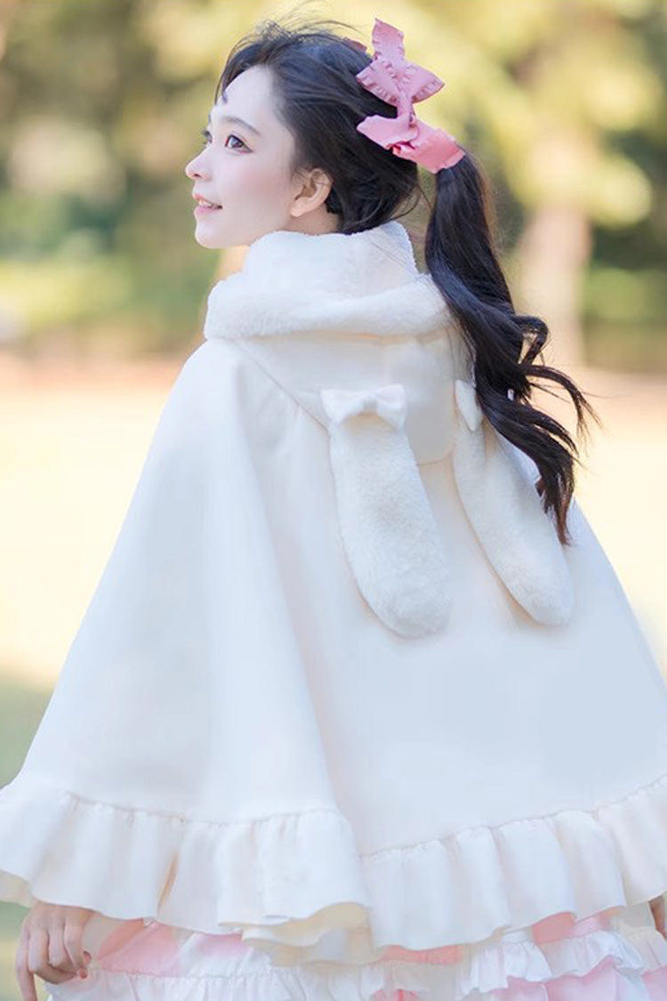 White Plush Bunny Ears Bowknot Buttons Princess Sweet Lolita Cloak Coat - Product - 5