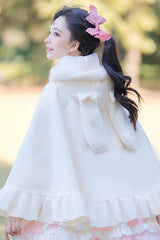 White Plush Bunny Ears Bowknot Buttons Princess Sweet Lolita Cloak Coat - Product - 5