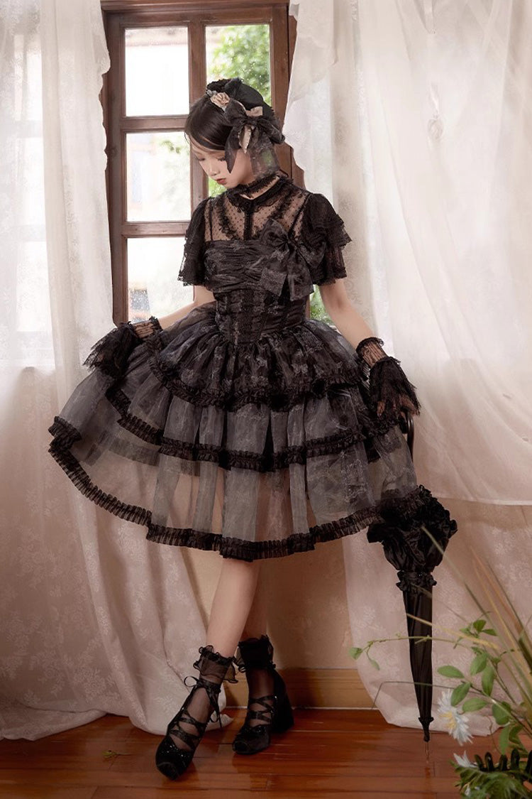 Black Multi-layer Butterfly Print Bowknot Lace Fish Bone Gothic Lolita Jsk Dress - Product - 6