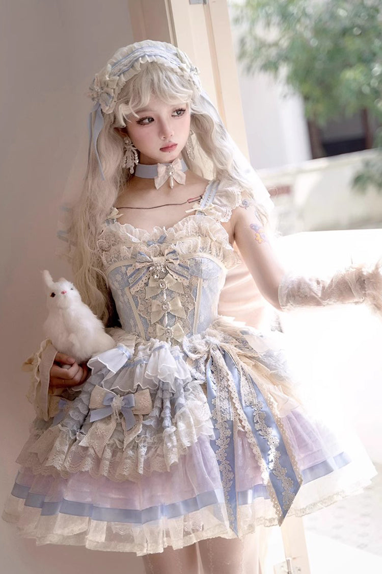 Blue [Moonstone] Sleeveless Ruffle Embroidery Bowknot Lace Fishbone Sweet Princess Lolita Dress - Blue - 1