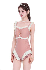 Peach Pink Square Collar Sleeveless Double-Layered Ruffled Lace-Up Pearl-Decorated Sweet Lolita One-Piece Swimsuit - Product - 2