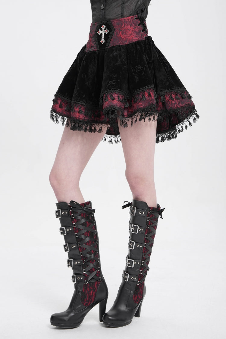 Black/Red Cross Tassel Print Women's Gothic Skirt - Product - 3