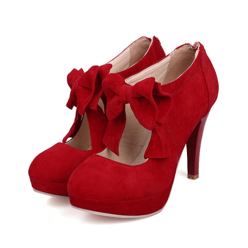 Elegant Pure Color Bowknot Round-toe Sweet Lolita High Heel Shoes - Red - 2