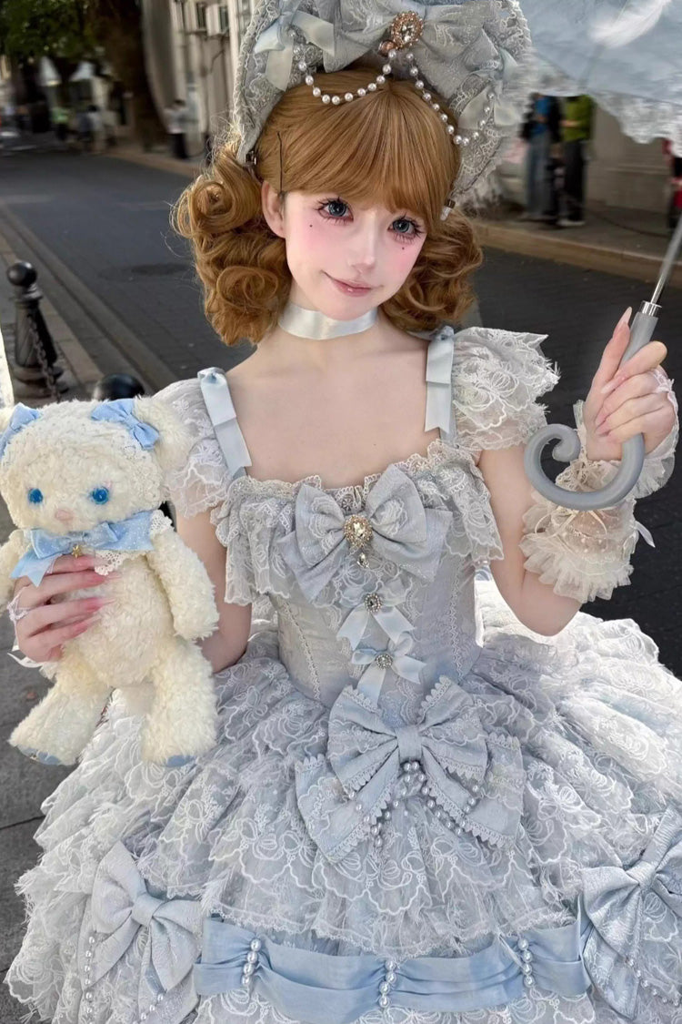 Blue [Cloudborne Snowfeather] Sleeveless Multi-Layered Hanayome Bowknot Pearl Gothic Lolita Jsk Dress - Product - 2