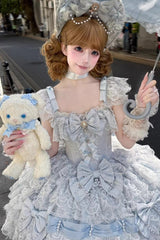 Blue [Cloudborne Snowfeather] Sleeveless Multi-Layered Hanayome Bowknot Pearl Gothic Lolita Jsk Dress - Product - 2