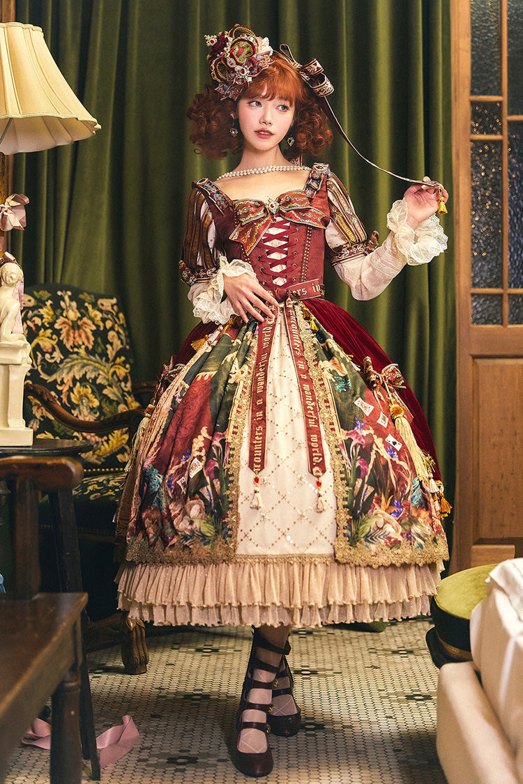 Red [Kaleidoscope of Dreams] Double-Layered Print Embroidery Bowknot Lace-Up Classic Vintage Gorgeous Lolita Dress - Product - 6