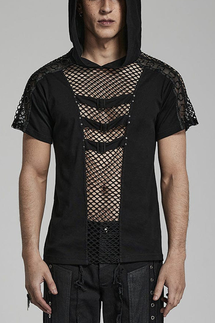 Black Short Sleeves Hollow Stitching Hooded Mesh Mens Steampunk T-Shirt - Black - 1