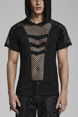 Black Short Sleeves Hollow Stitching Hooded Mesh Mens Steampunk T-Shirt - Black - 1