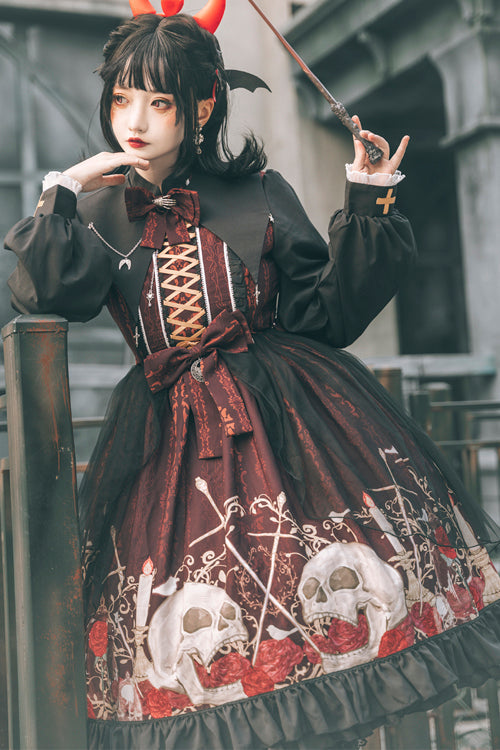 Black/Red Lapel Collar Long Sleeves High Waisted Printed Gothic Lolita OP Dress - Product - 5