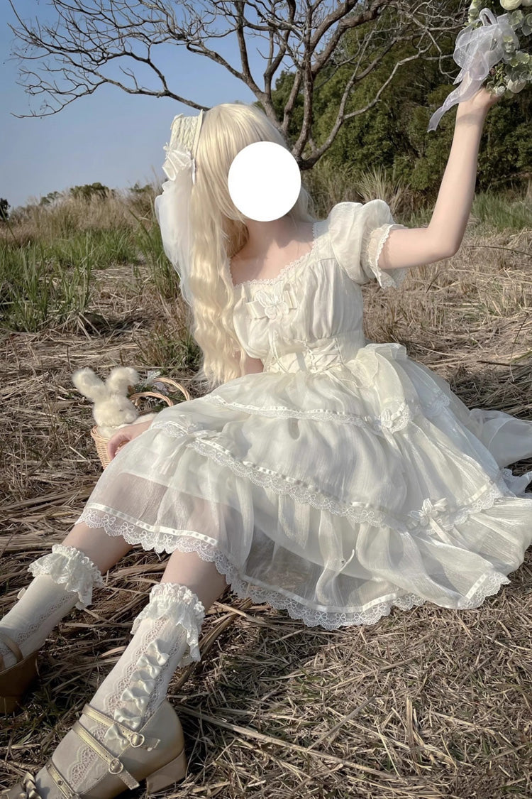 Ivory Square Collar Short Sleeves High Waisted Multi-layer Ruffle Sweet Plus Size Lolita Dress - Product - 2
