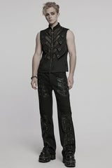 Black Pleated Faux Leather Stitching Men's Punk Straight Pants - Product - 4