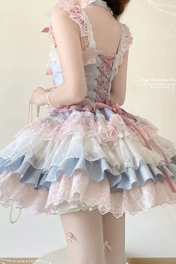 Blue/Pink [Honey Sweet Tart] Square Collar Sleeveless Multi-Layered Jacquard Ruffled Bow Lace Lace-Up Lolita Jsk Dress - Product - 5