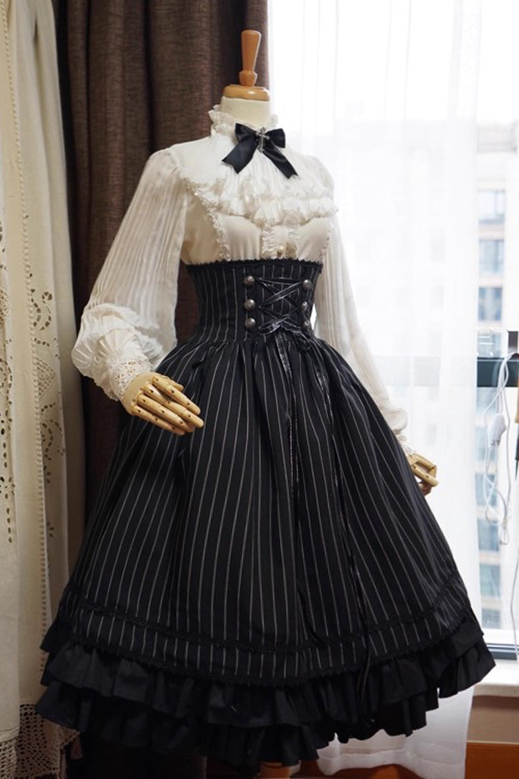 Black Multi-Layered Stripe Print Ruffle Lace-Up Classic College Style Elegant Lolita Skirt - Product - 6