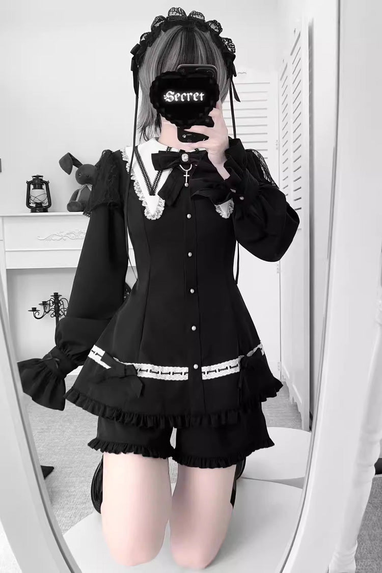 Black Long Sleeves Ruffled Bow Gothic Jirai Kei Dress Shorts - Product - 2