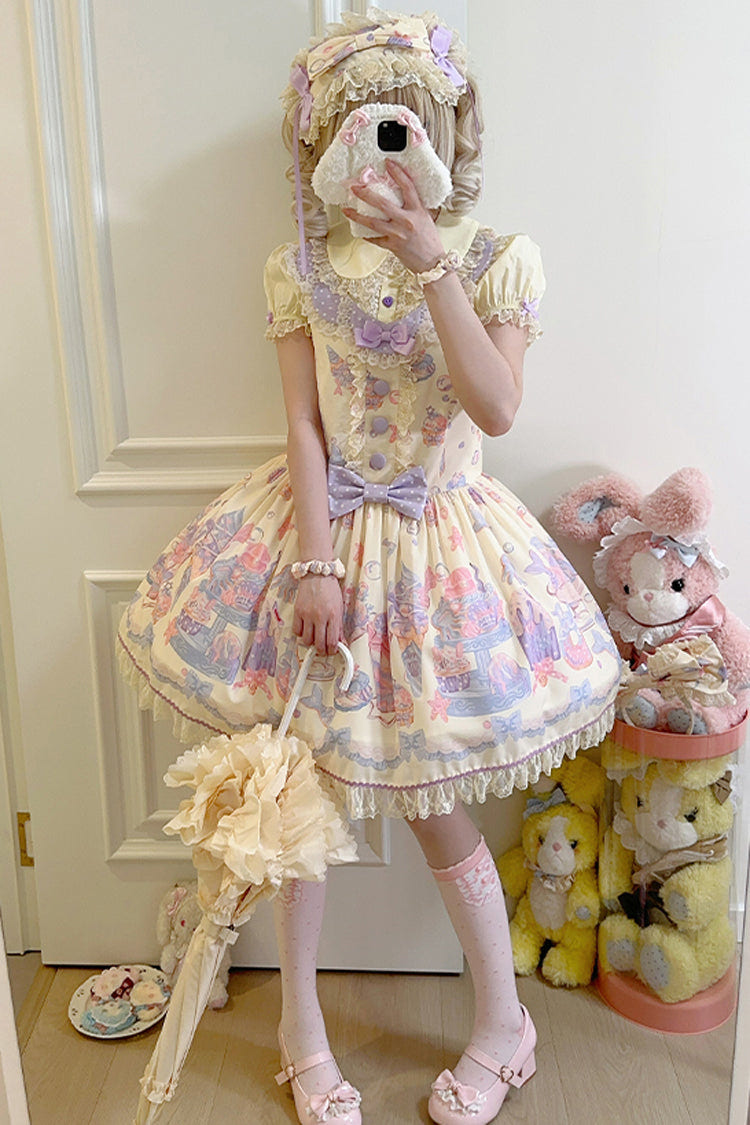 Cream Soda Mermaid Print Light Yellow Bowknot Lace Sweet Lolita Strap Dress - Product - 5